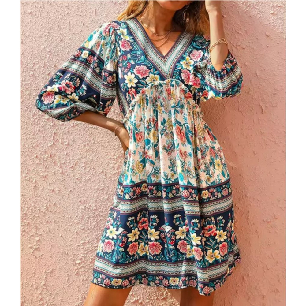 Women's ott White Blue Floral V-Neck Mini Dress Size S